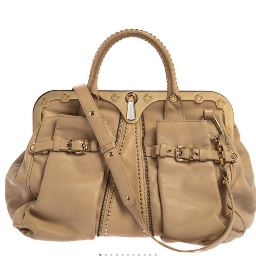 Authentic Versace Beige Leather Studded Frame Satchel with Shoulder Strap